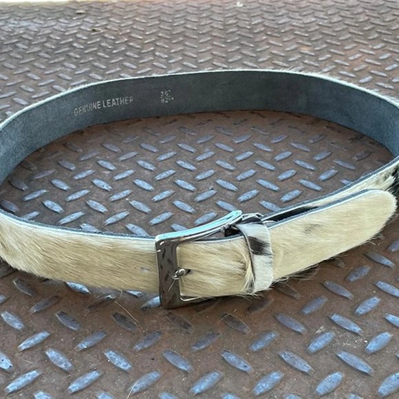 Real Fur Belt WhiteBlack Tone Genuine Leather Waistband Handmade Belt Size 38 - Picture 4 of 7